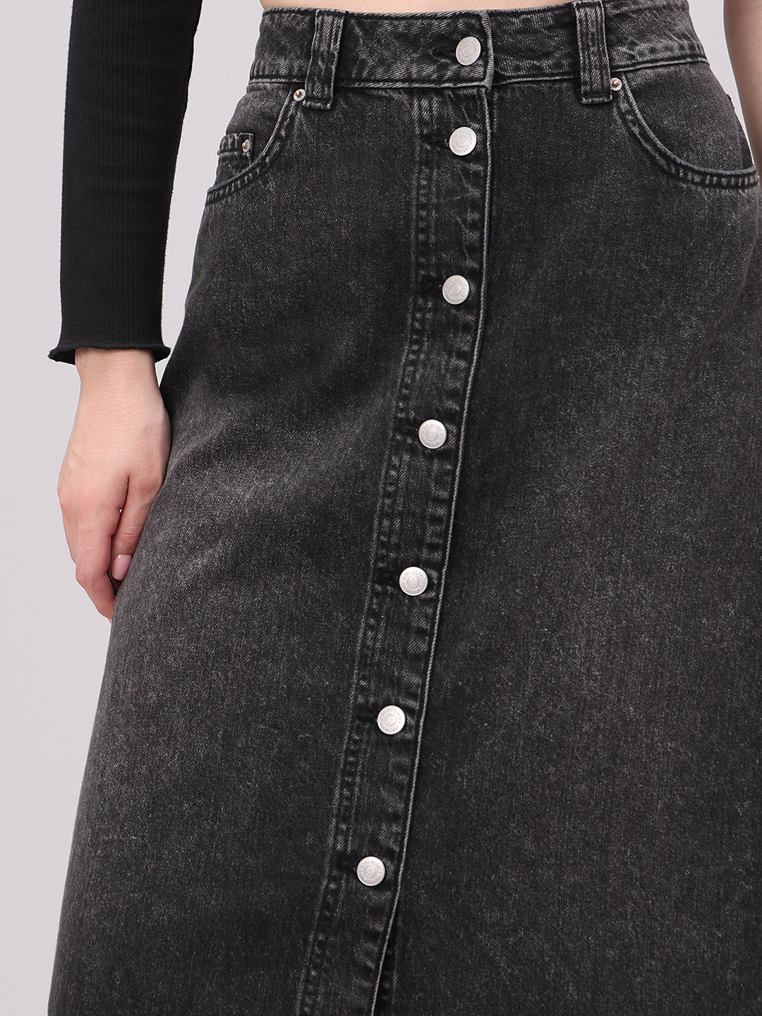 か*‪様 WonnyRibbon Black denim skirt Mサイズ Black Button-Front Denim Skirt