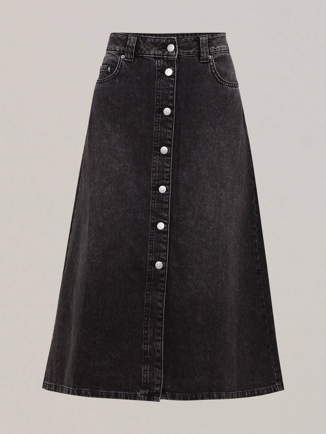Black Button-Front Denim Skirt