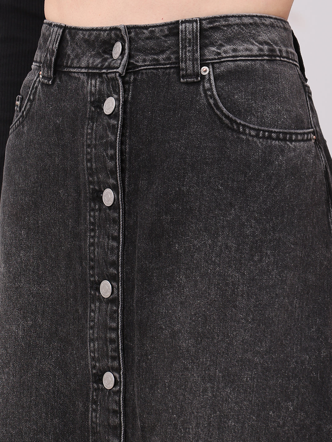 Black Button-Front Denim Skirt