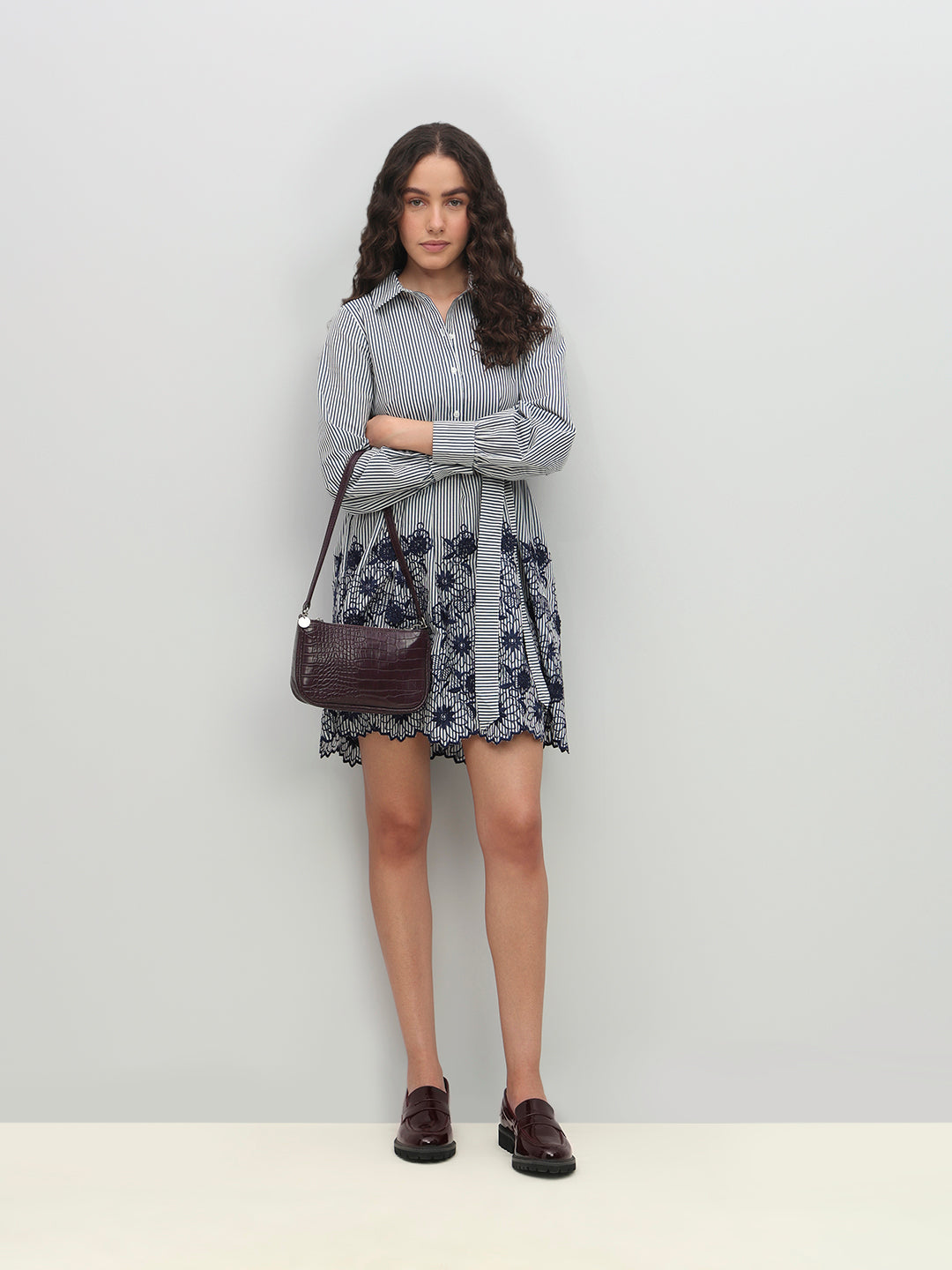 Striped Embroidered Lace Shirt Dress