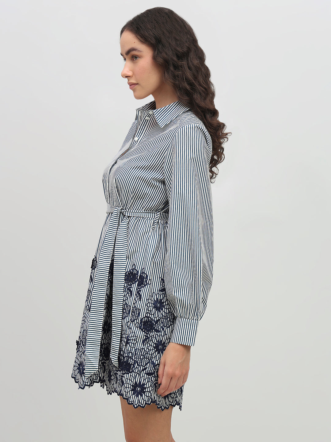 Striped Embroidered Lace Shirt Dress