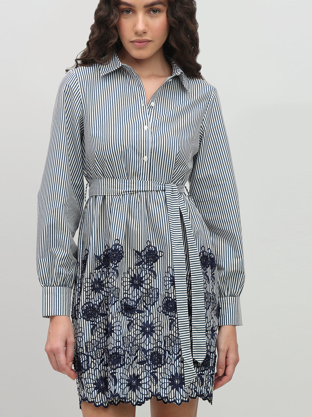 Striped Embroidered Lace Shirt Dress