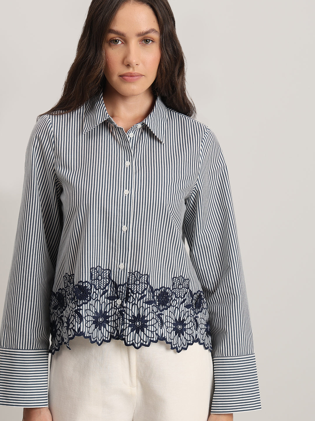 Striped Embroidered Lace Shirt
