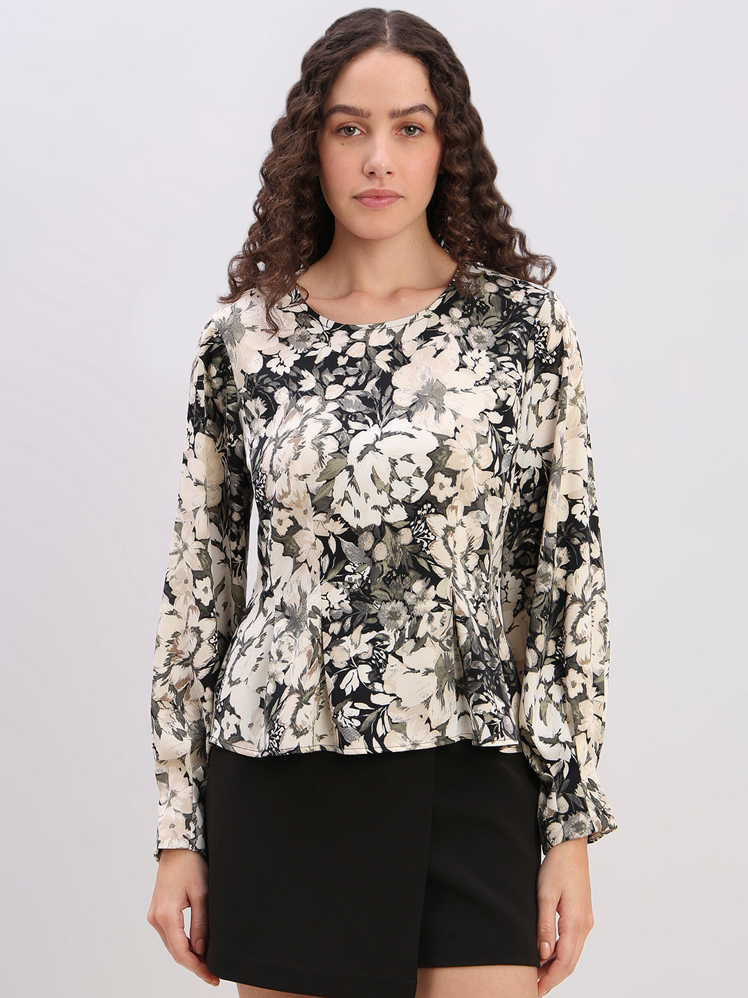 Floral Peplum Long-Sleeve Top