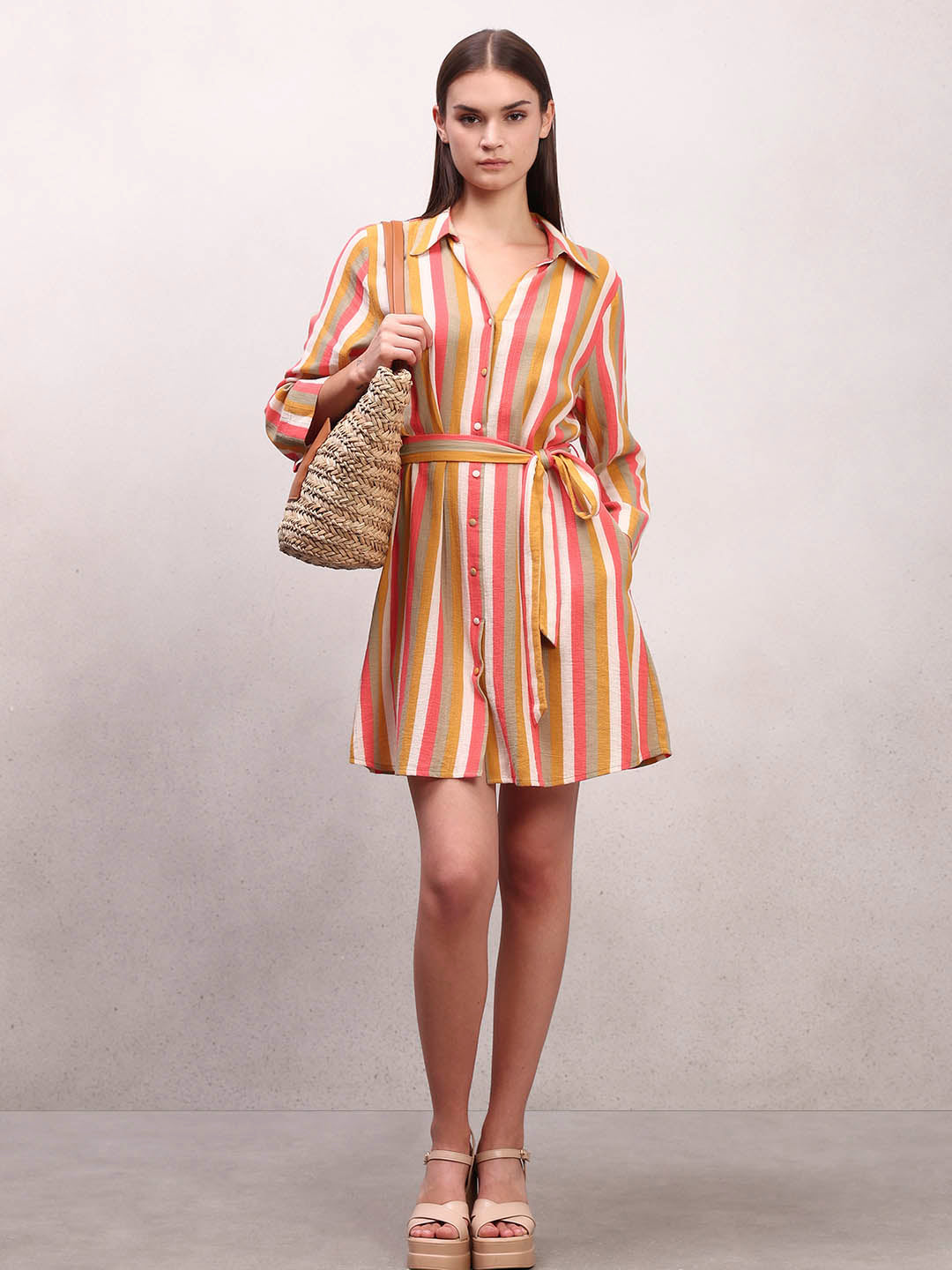 Striped Belted Midi Shirt Dress