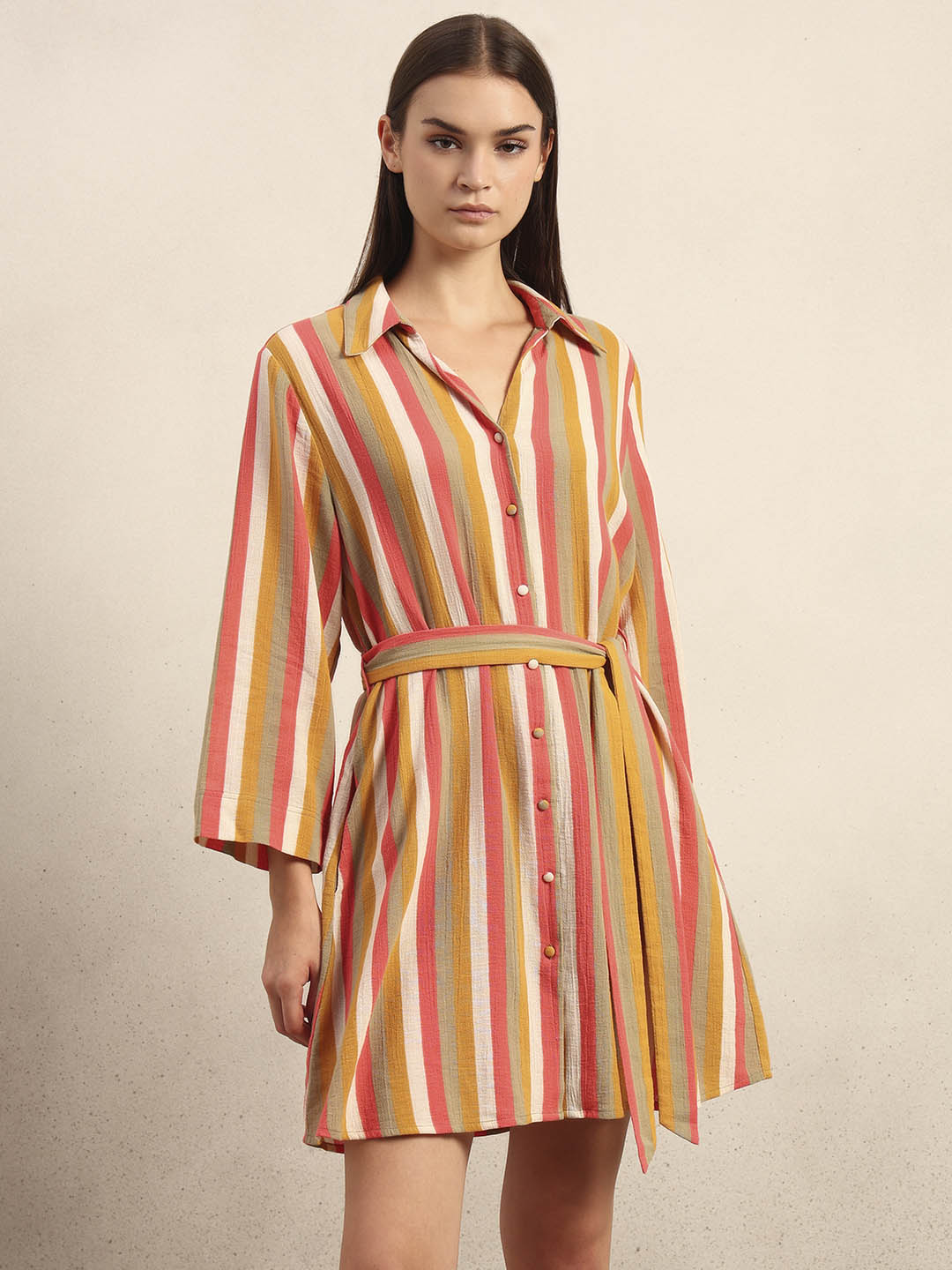 Striped Belted Midi Shirt Dress