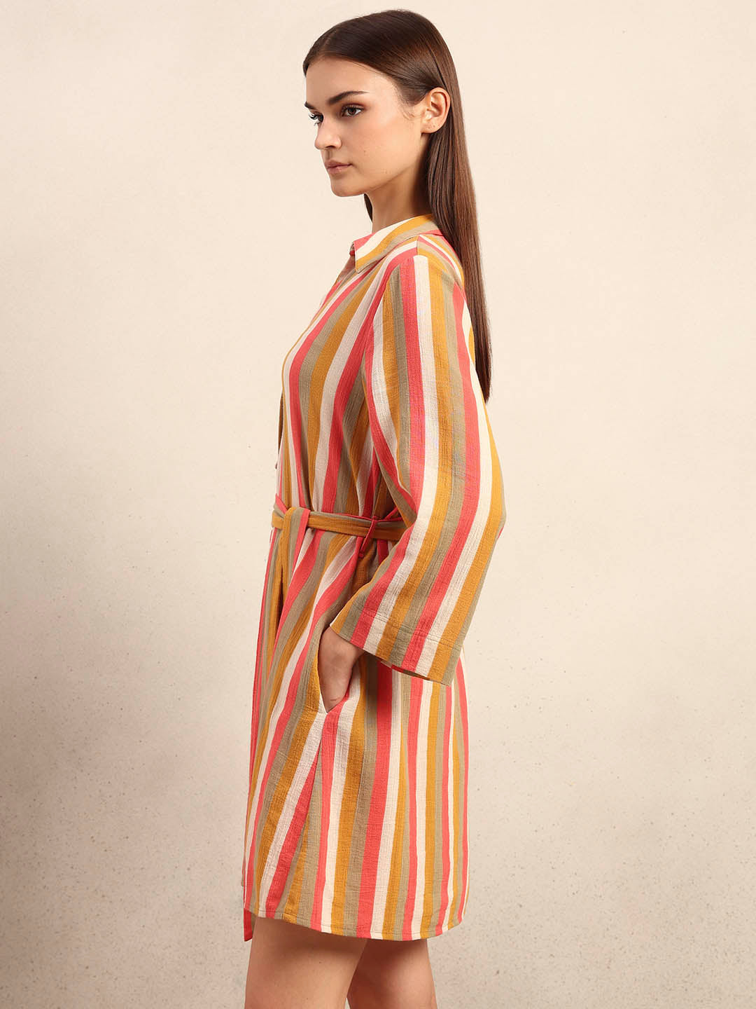 Striped Belted Midi Shirt Dress