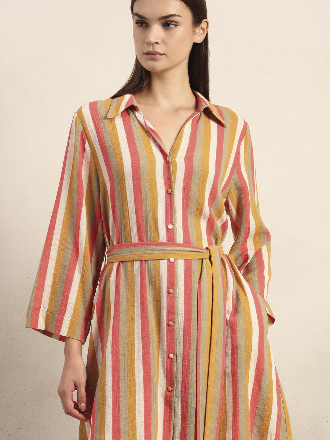 Striped Belted Midi Shirt Dress