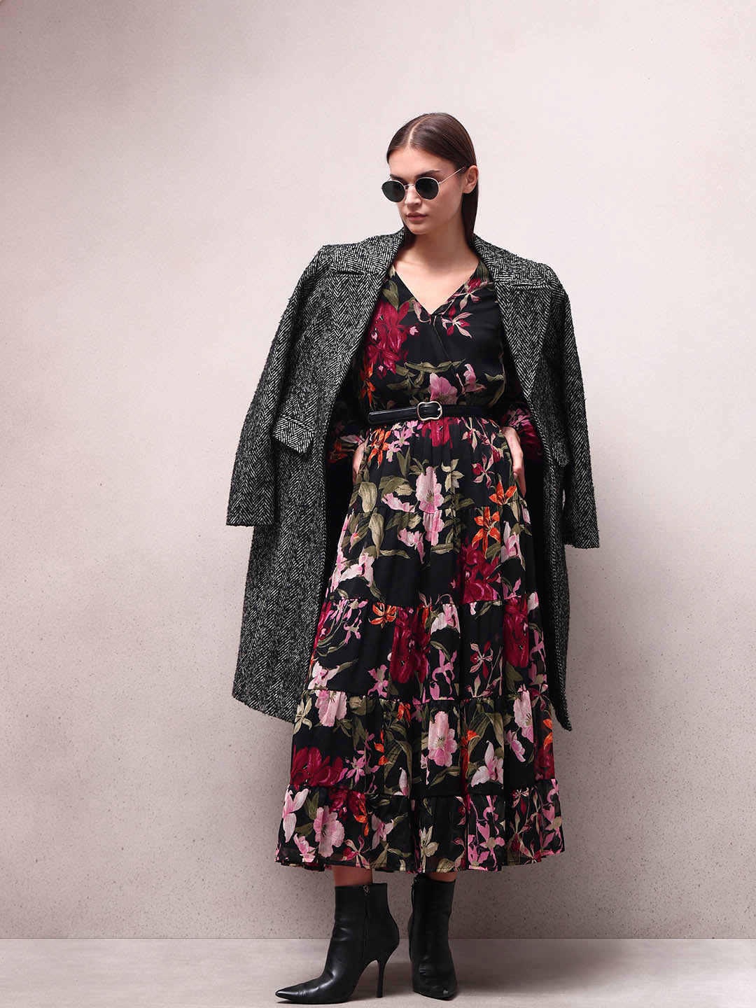 Black Floral Print Tiered Dress