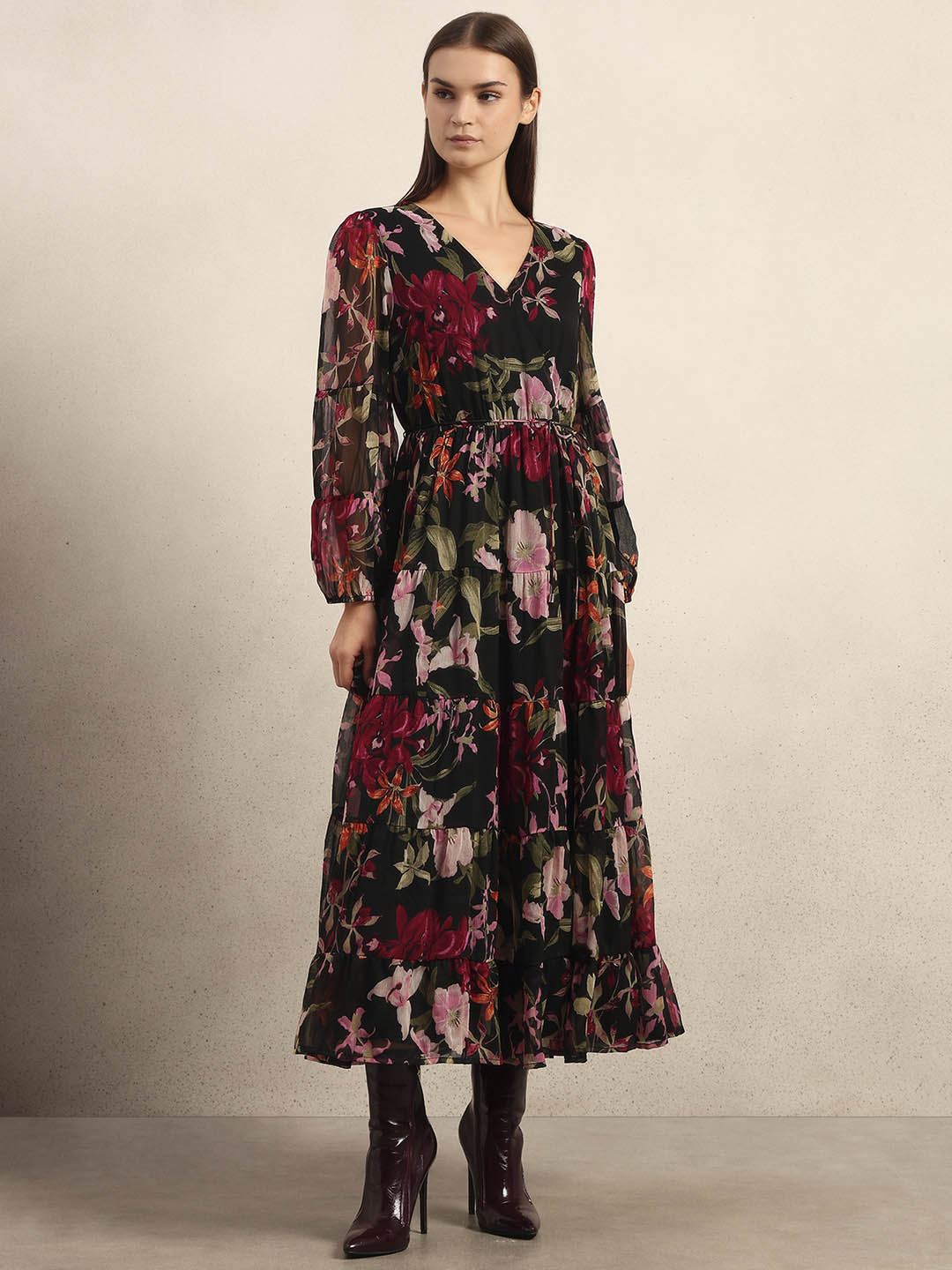 Black Floral Print Tiered Dress