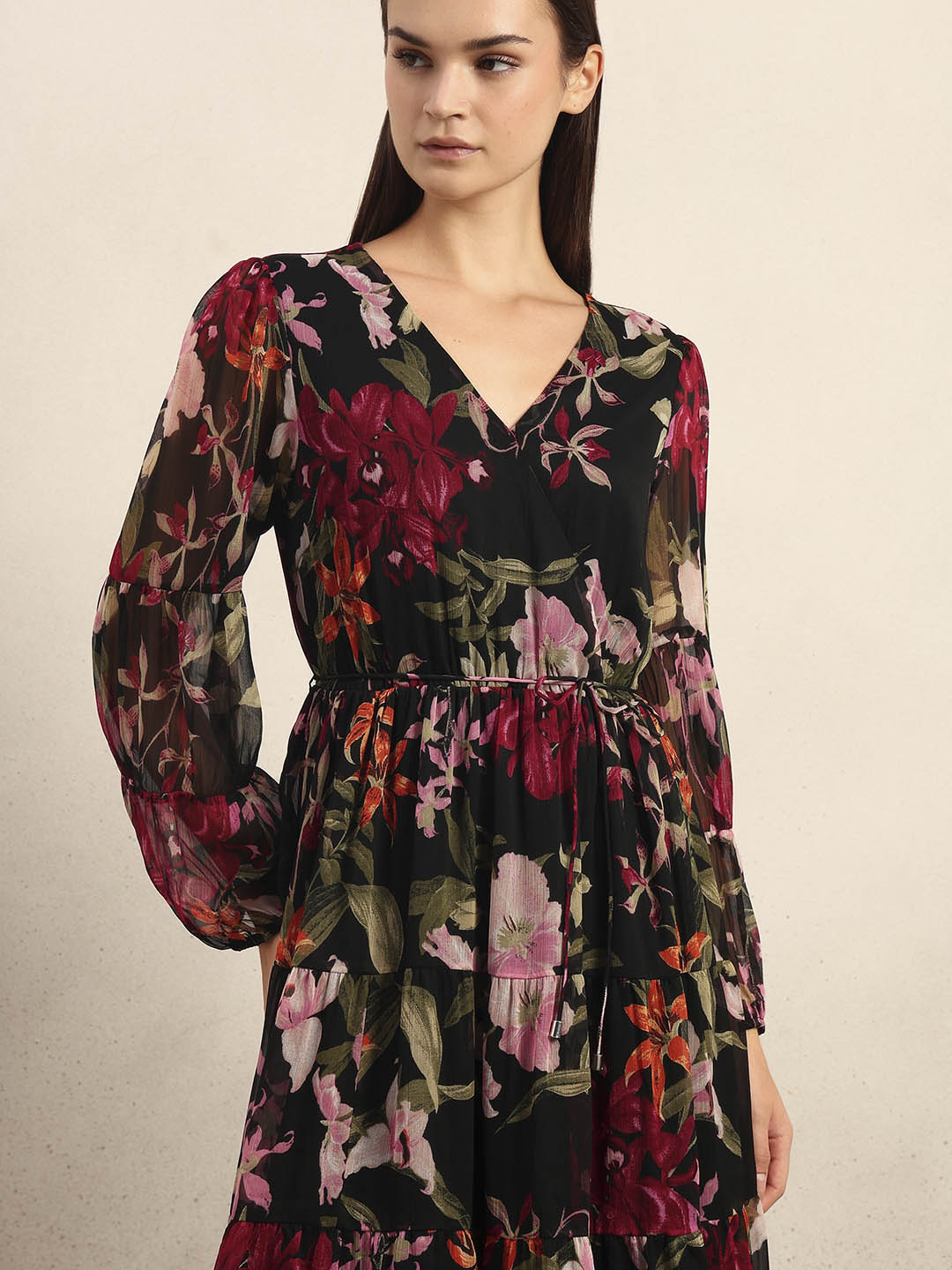 Black Floral Print Tiered Dress