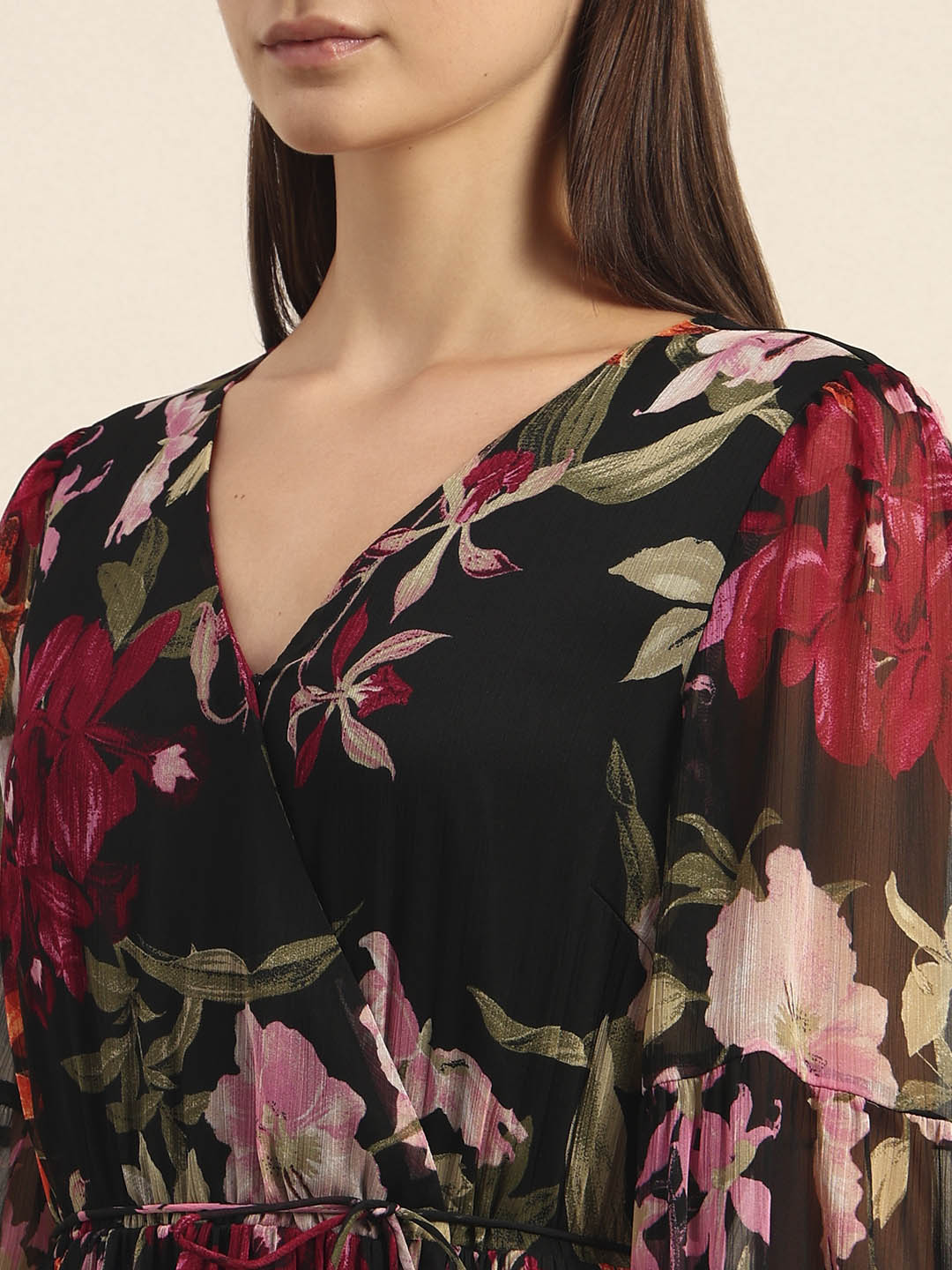 Black Floral Print Tiered Dress