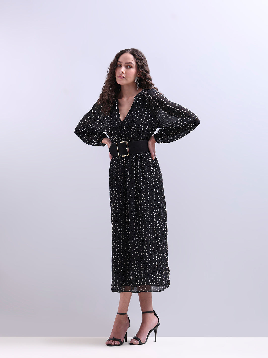 Printed V-Neck Belted Dress