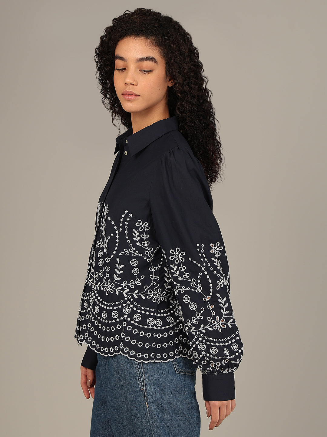 Organic Cotton Embroidered Shirt - Navy