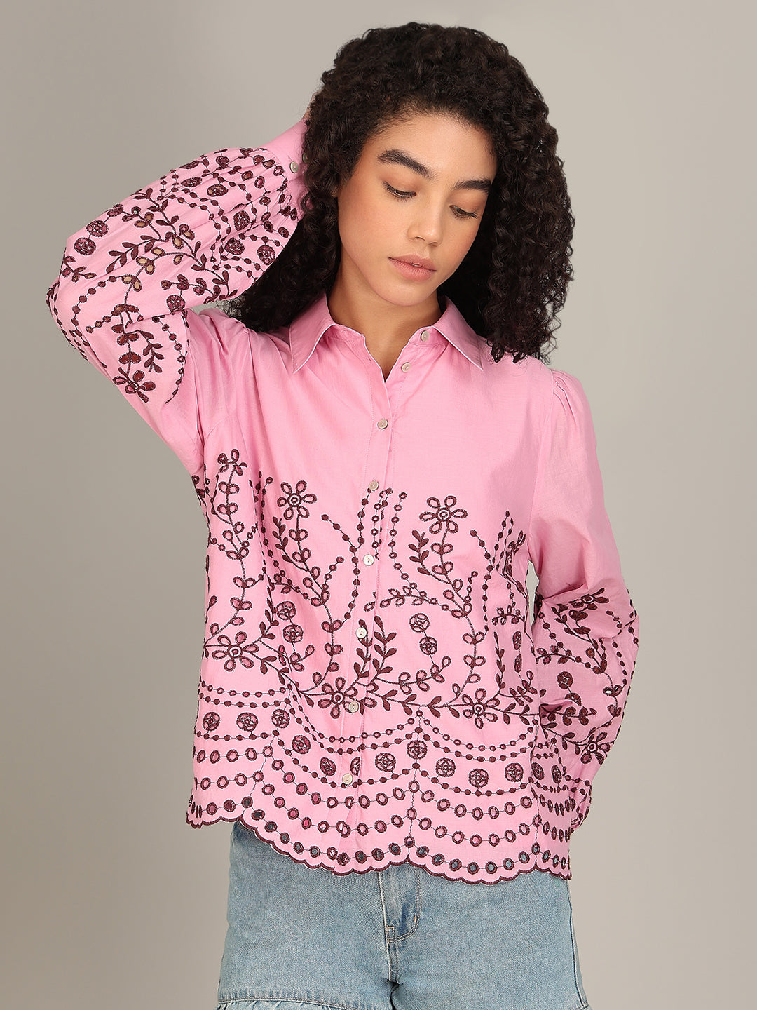 Organic Cotton Embroidered Shirt - Pink