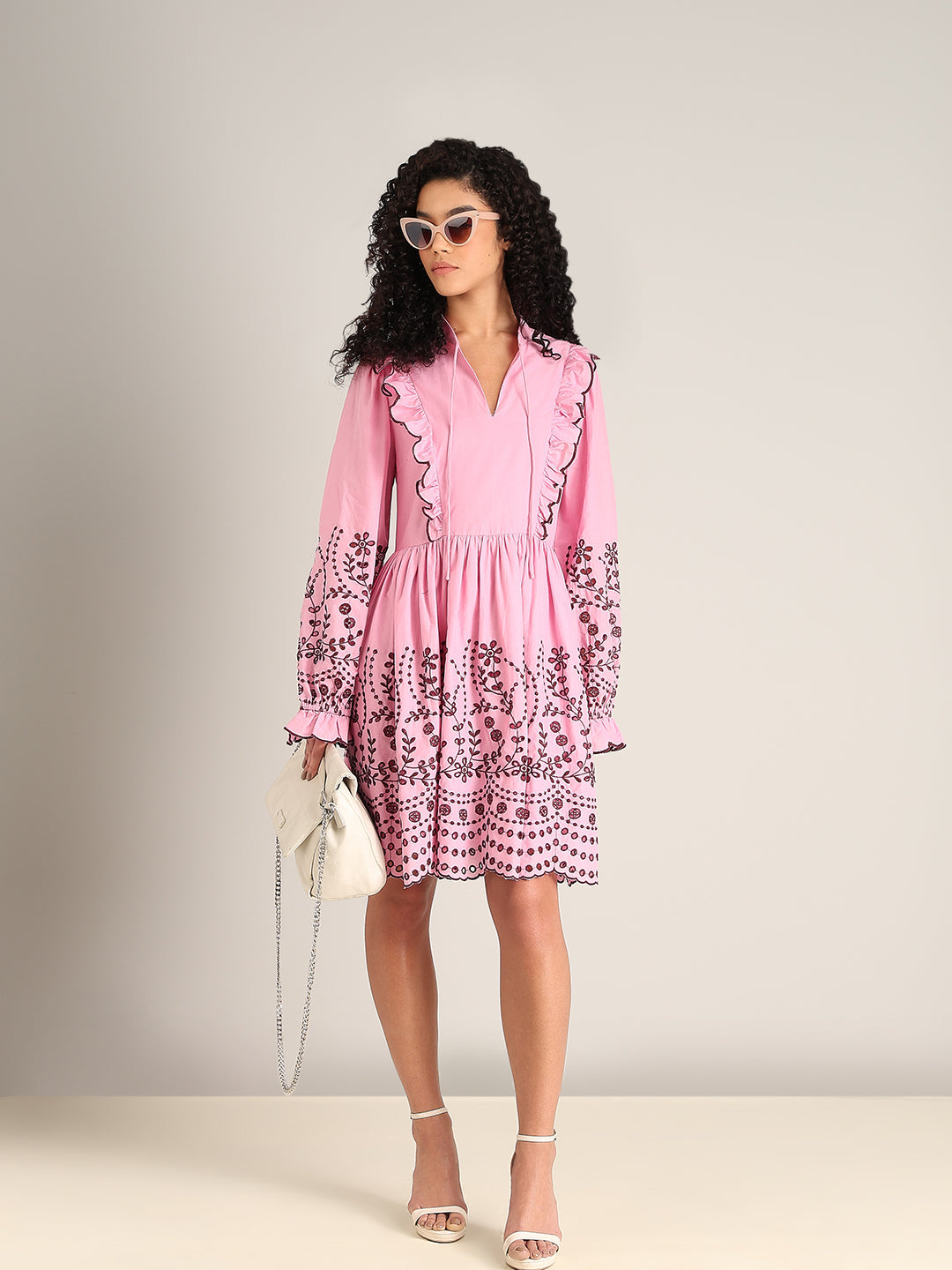 Pink Smocked Embroidered Sleeves Dress