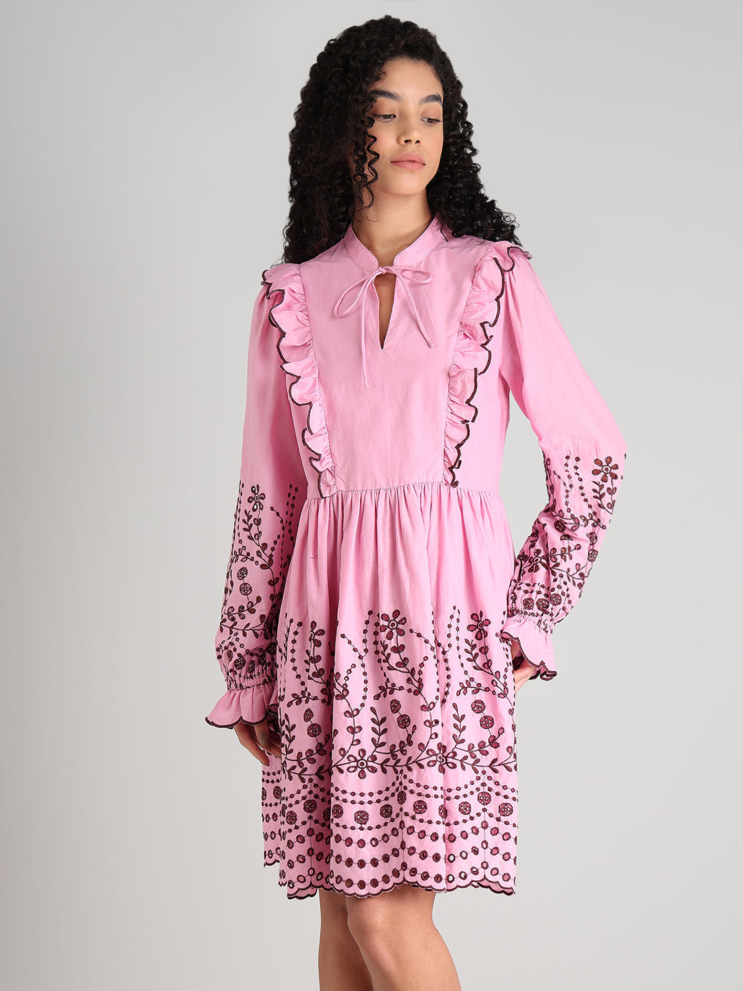 Pink Smocked Embroidered Sleeves Dress