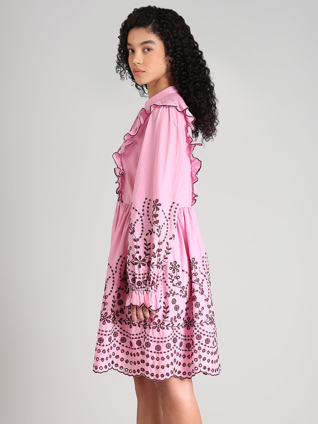 Pink Smocked Embroidered Sleeves Dress