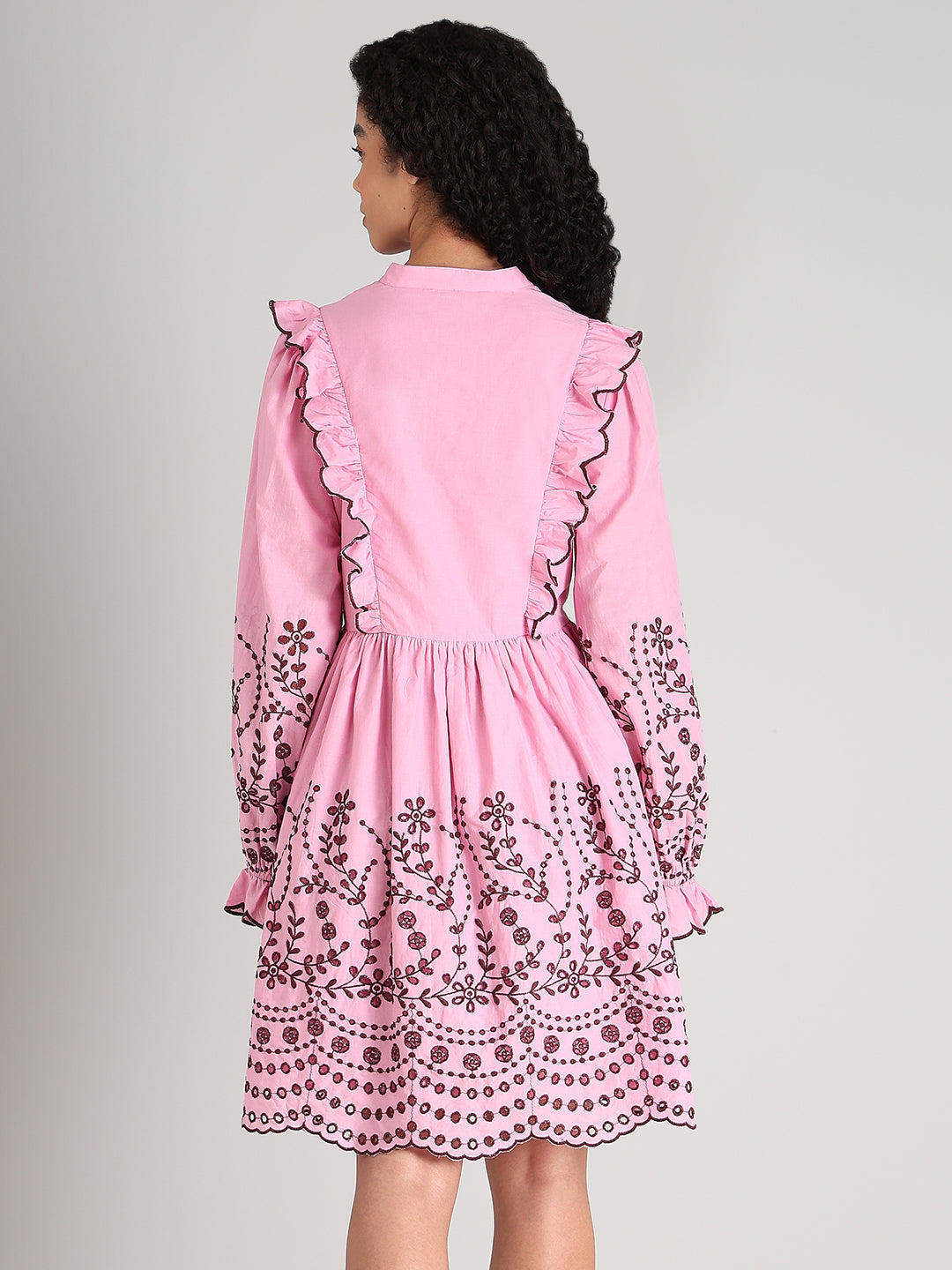 Pink Smocked Embroidered Sleeves Dress
