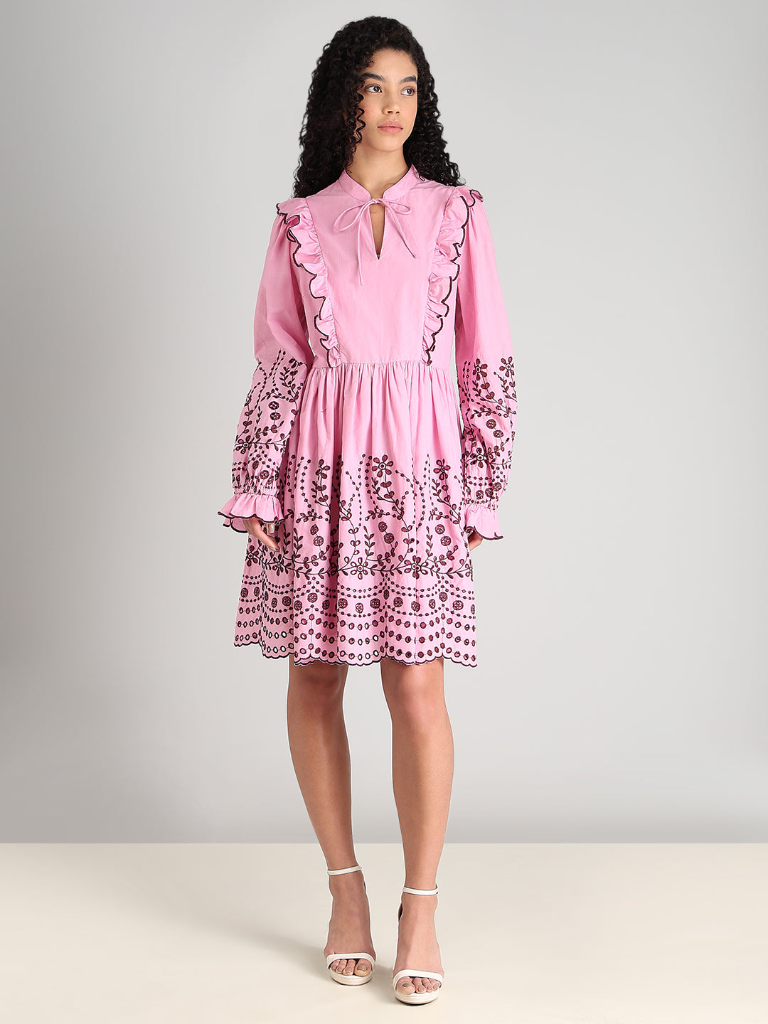 Pink Smocked Embroidered Sleeves Dress