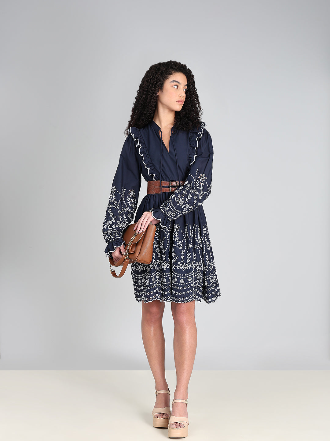 Navy Smocked Embroidered Sleeves Dress