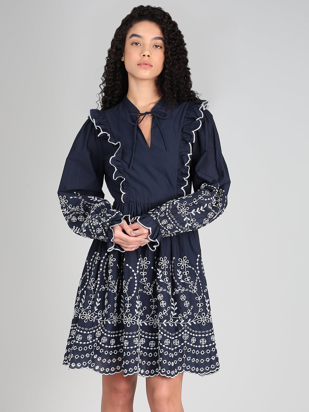 Navy Smocked Embroidered Sleeves Dress