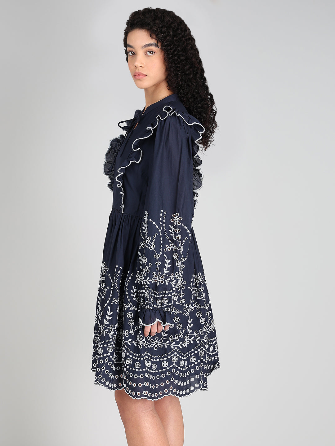 Navy Smocked Embroidered Sleeves Dress