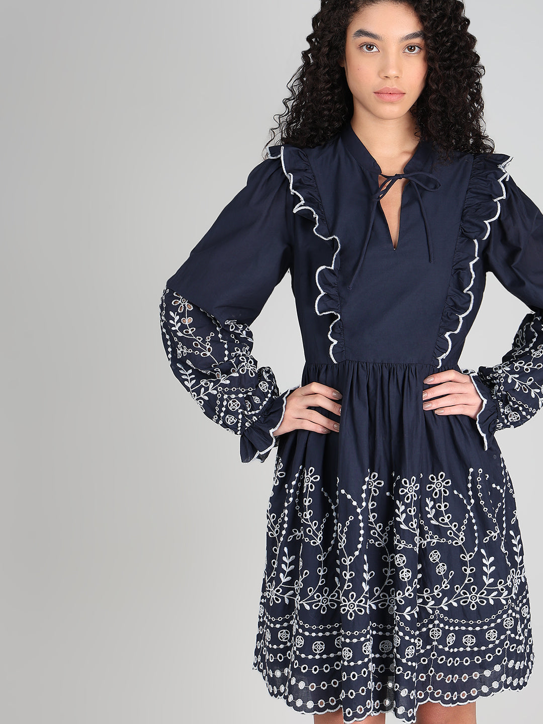 Navy Smocked Embroidered Sleeves Dress