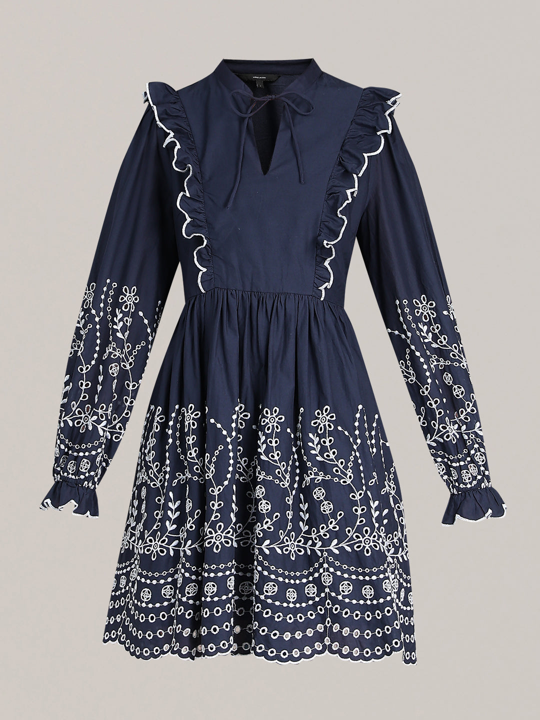Navy Smocked Embroidered Sleeves Dress