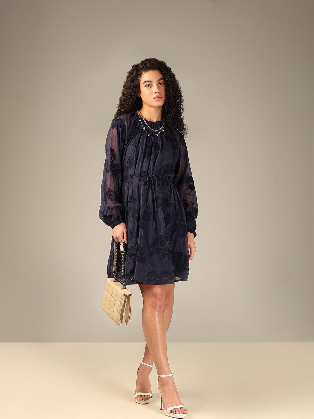 Navy Embroidered Fit & Flare Dress