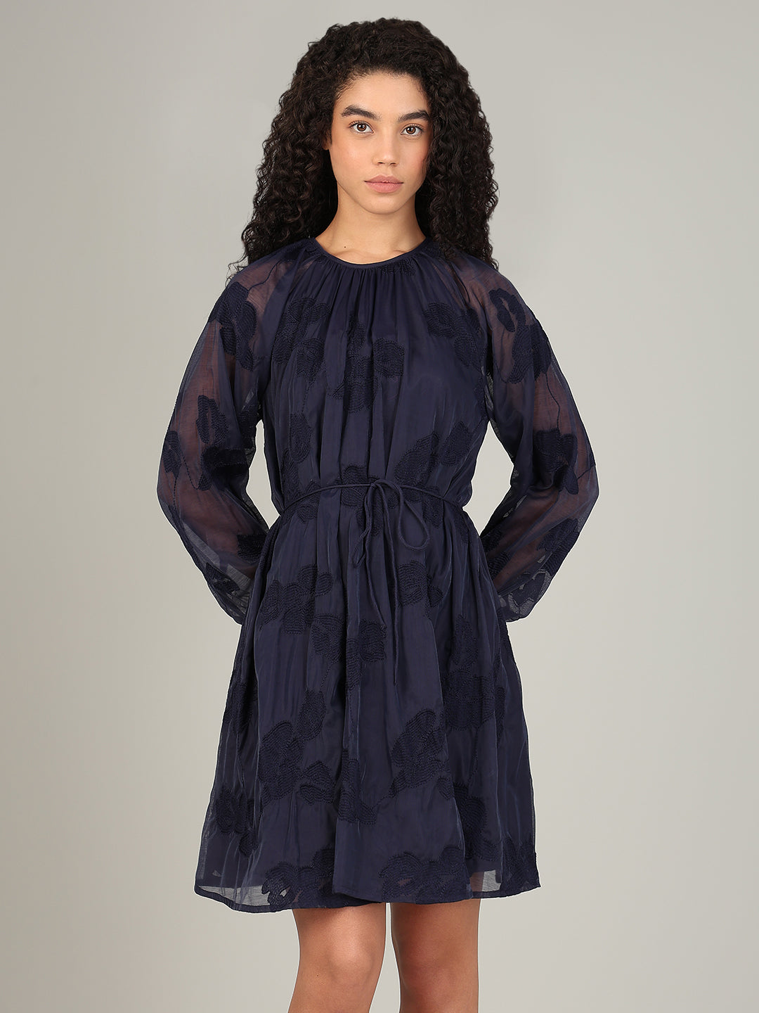 Navy Embroidered Fit & Flare Dress