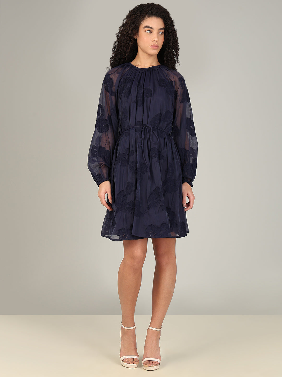 Navy Embroidered Fit & Flare Dress