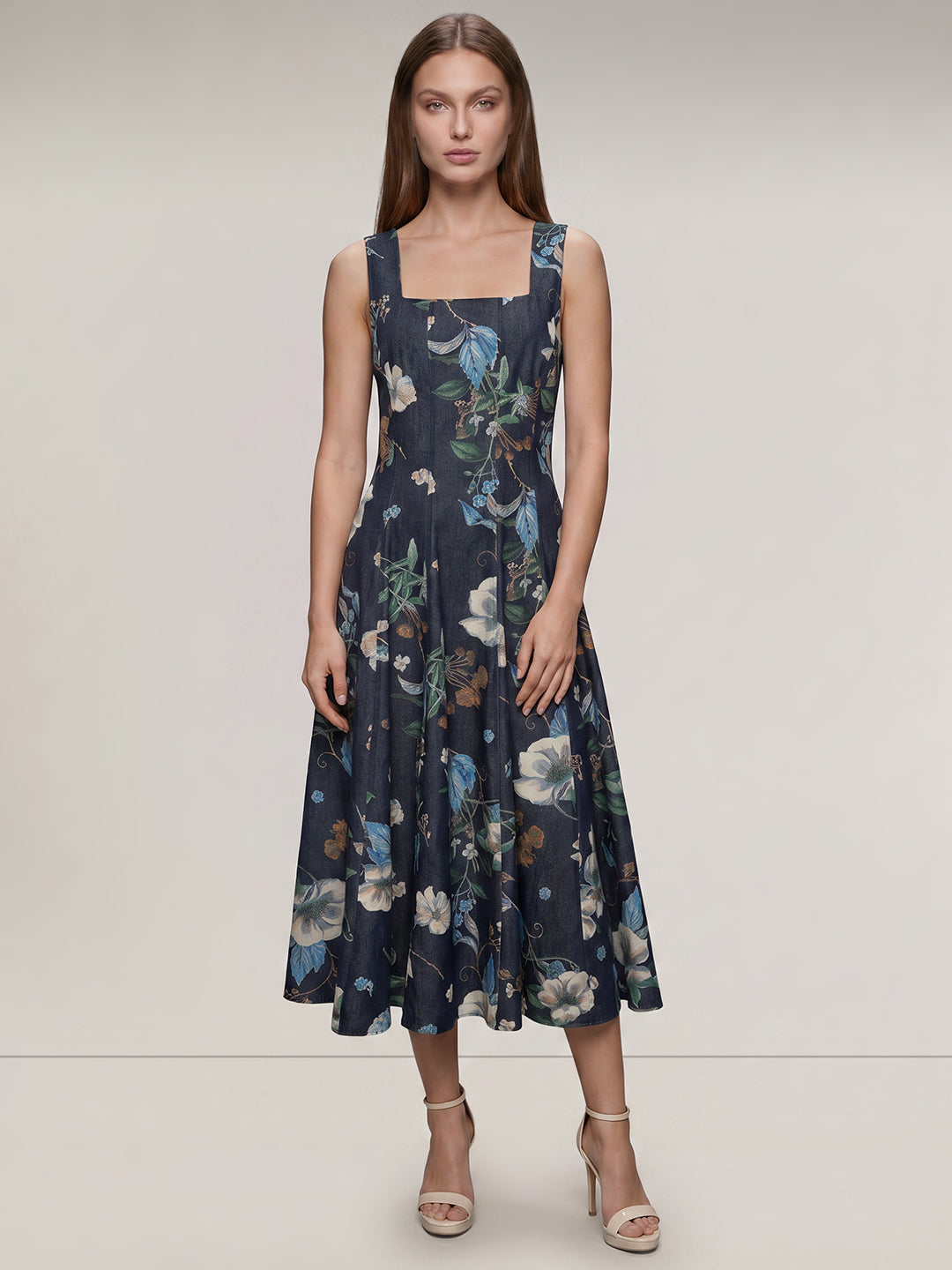 Dark Blue Denim Floral Dress