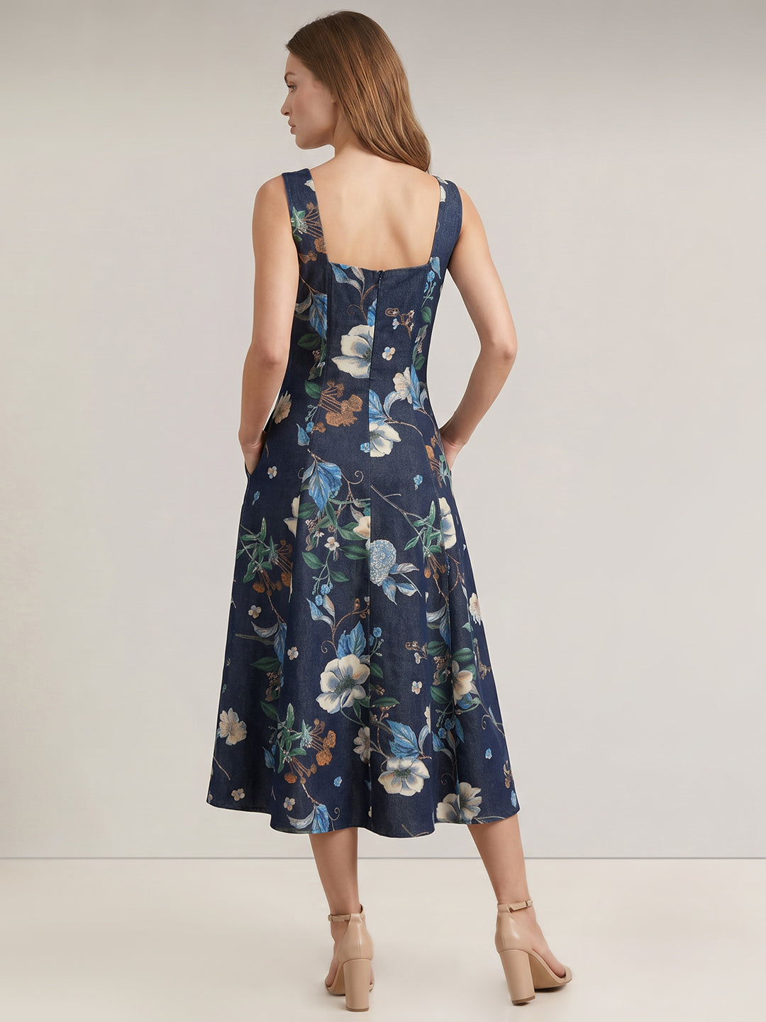 Dark Blue Denim Floral Dress