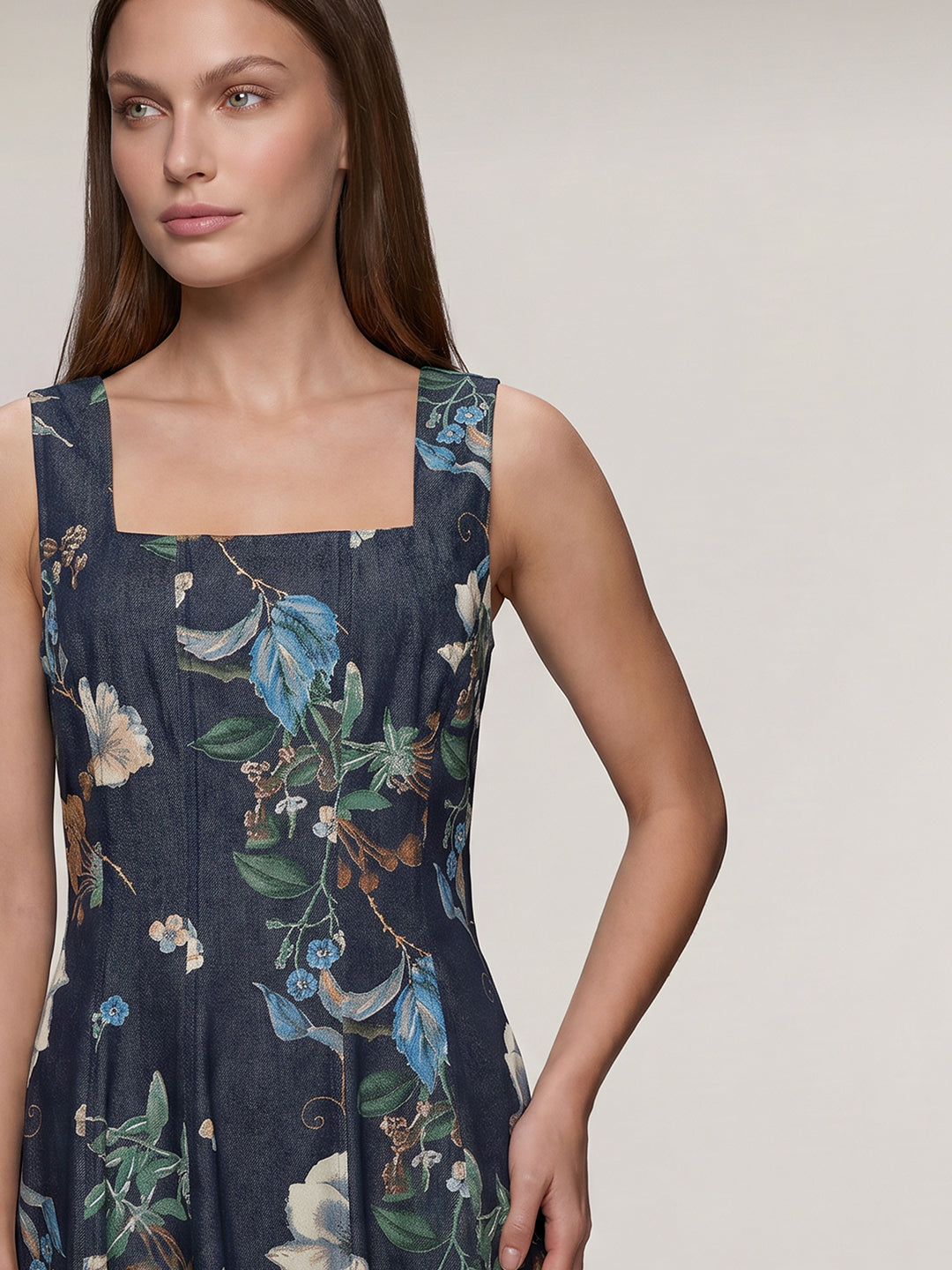 Dark Blue Denim Floral Dress