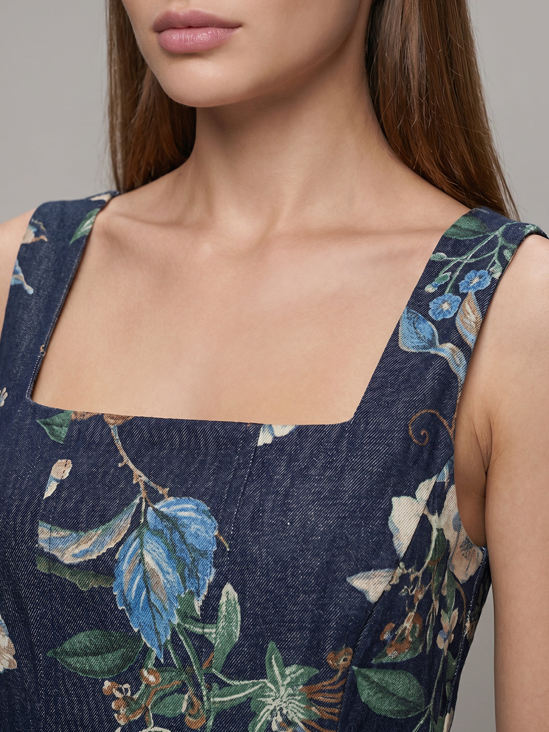 Dark Blue Denim Floral Dress