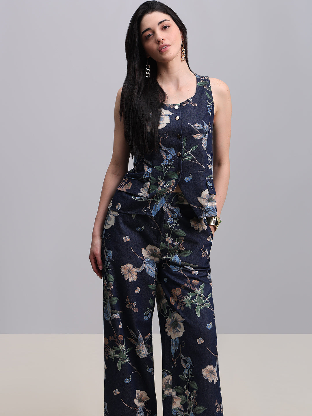 Floral Print Denim Waistcoat