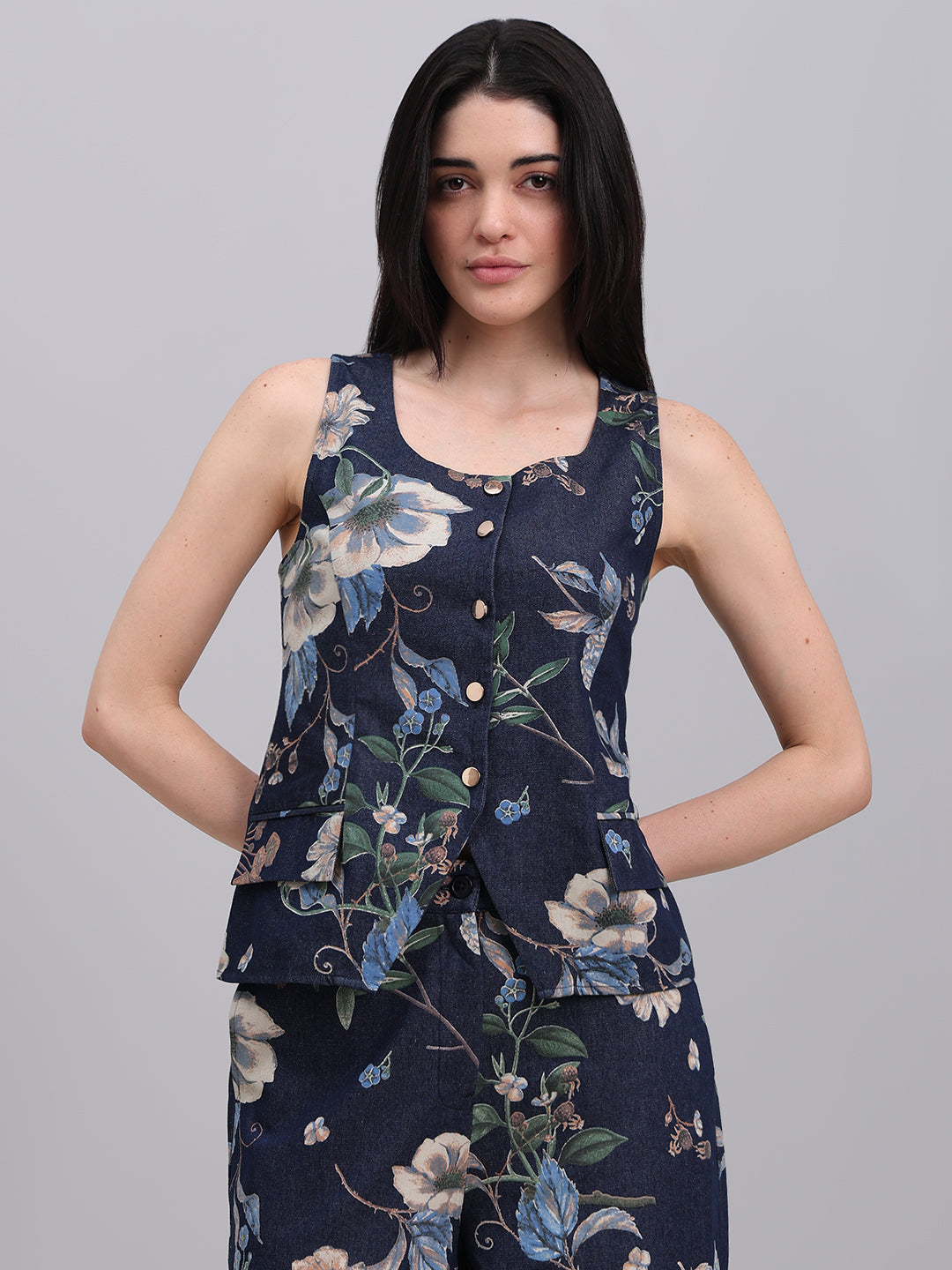 Floral Print Denim Waistcoat