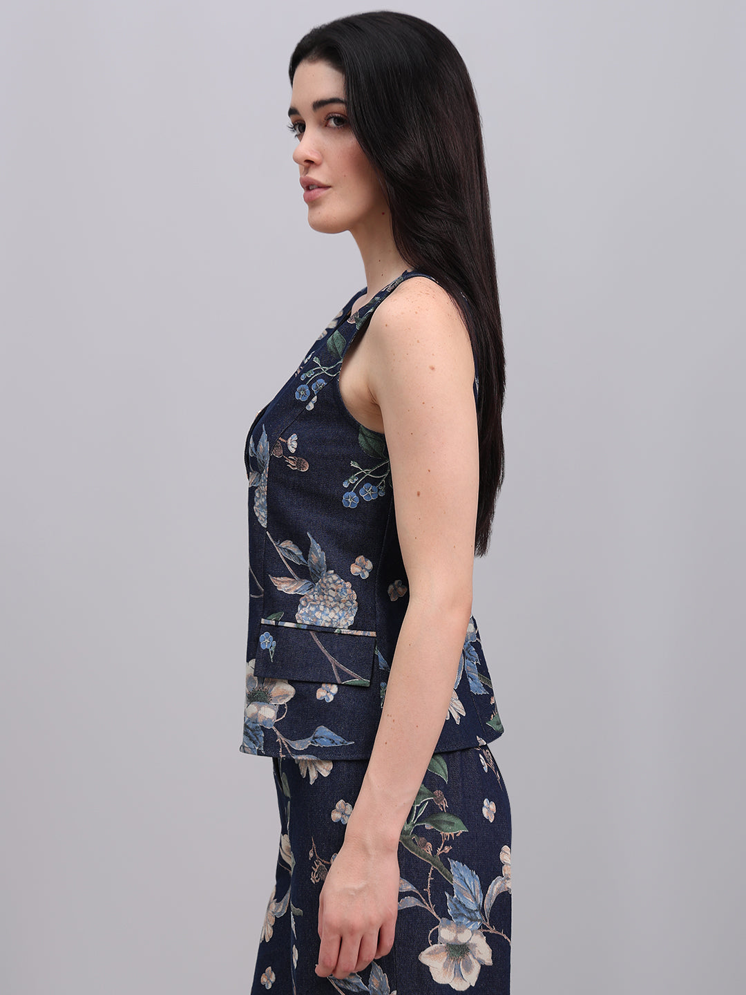 Floral Print Denim Waistcoat