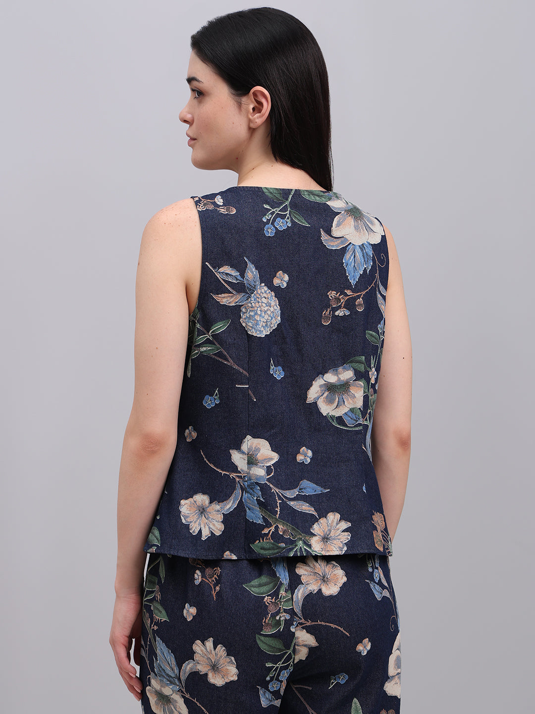 Floral Print Denim Waistcoat
