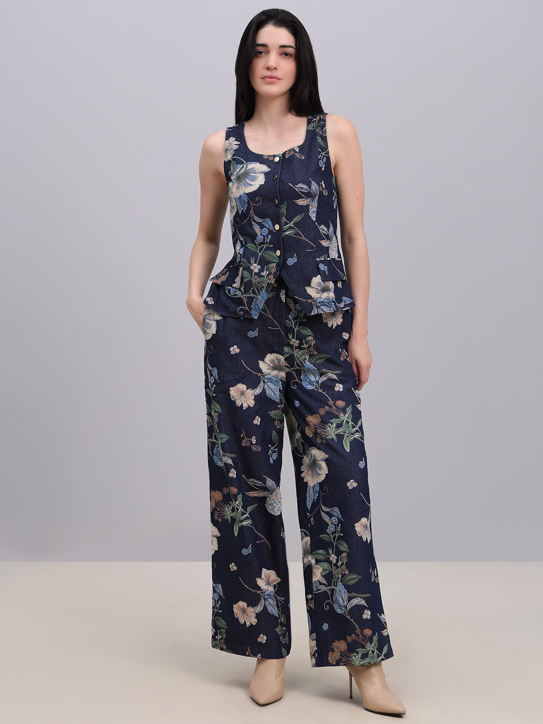 Floral Print Denim Waistcoat