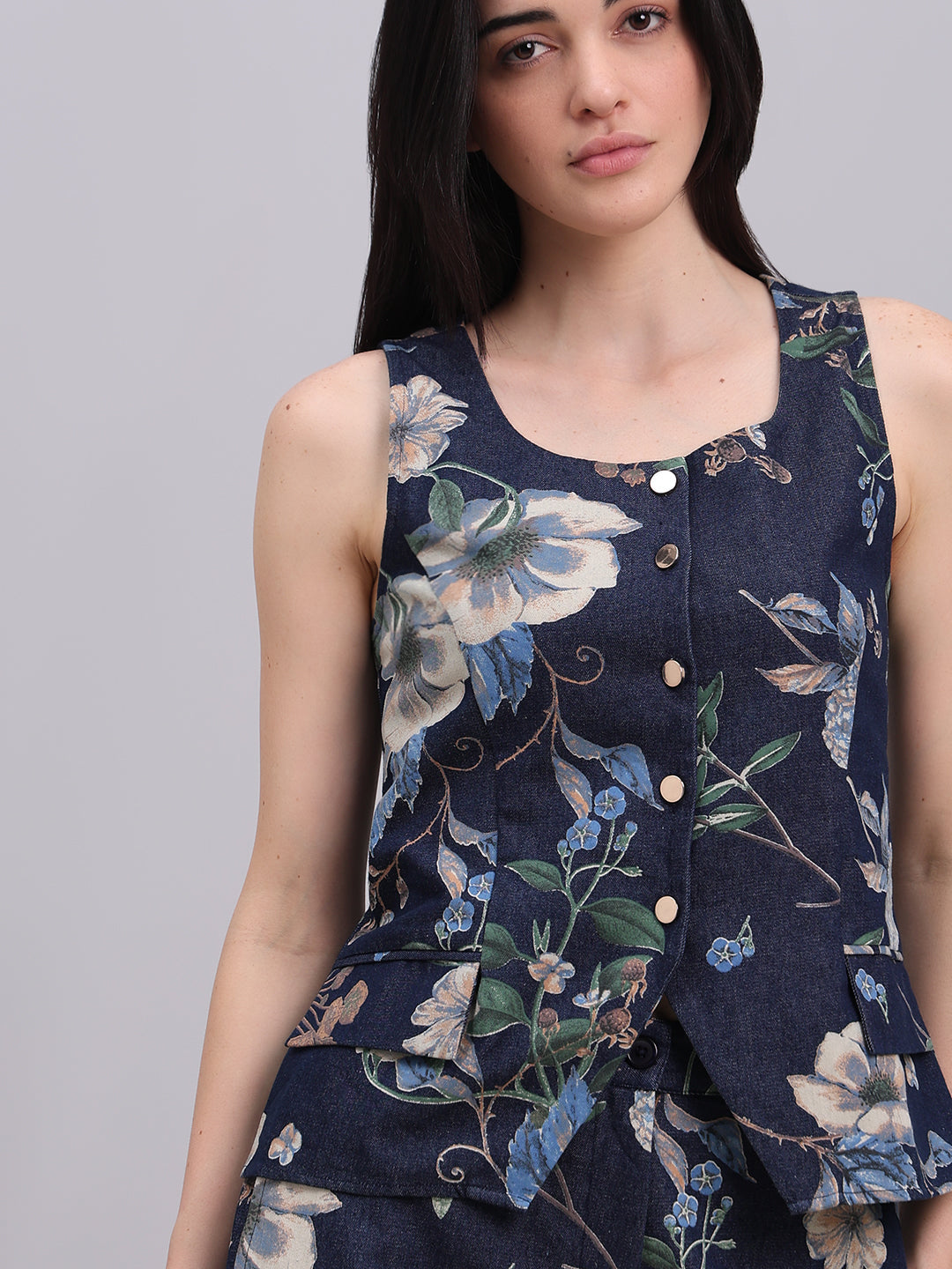Floral Print Denim Waistcoat