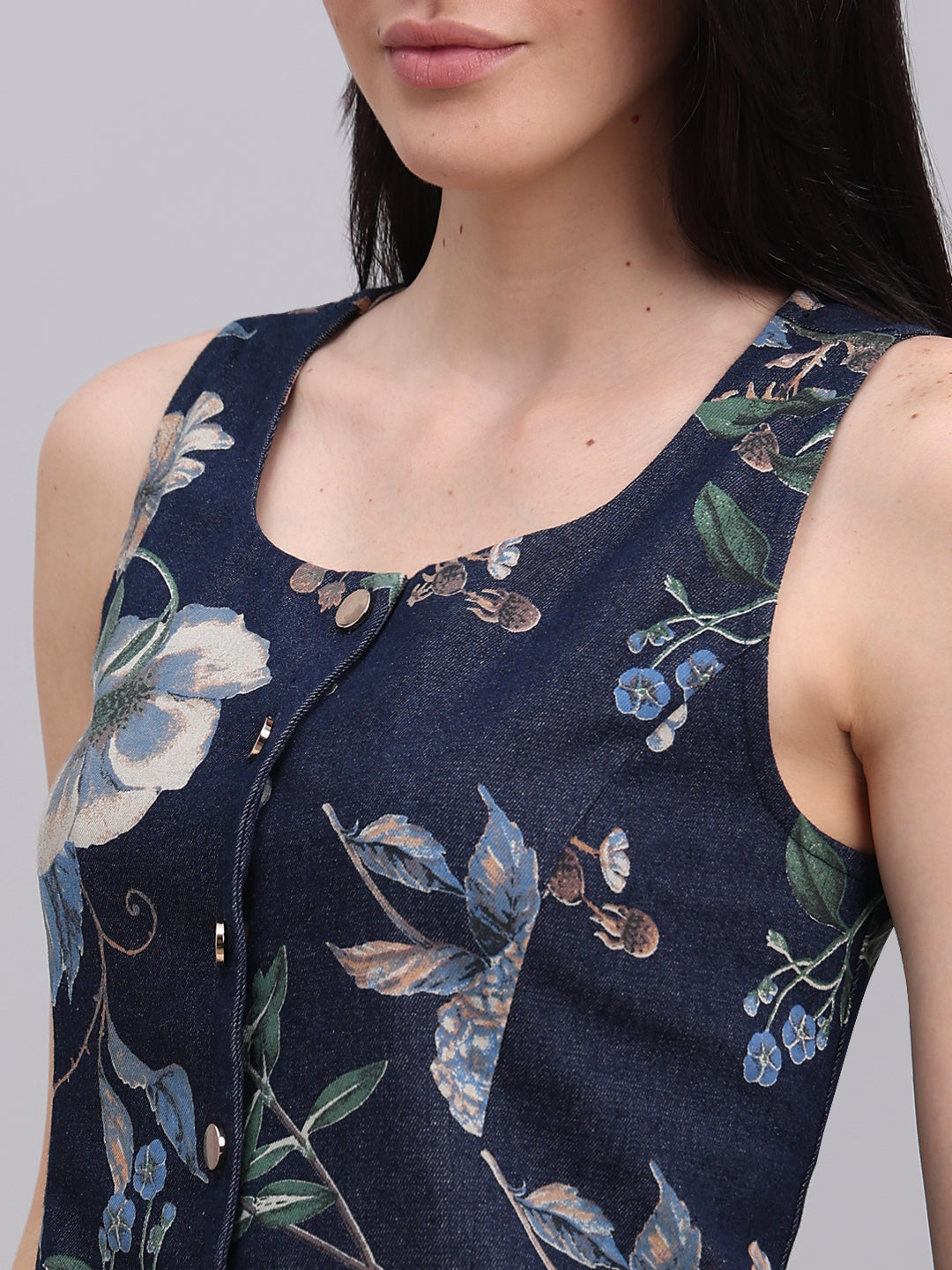 Floral Print Denim Waistcoat