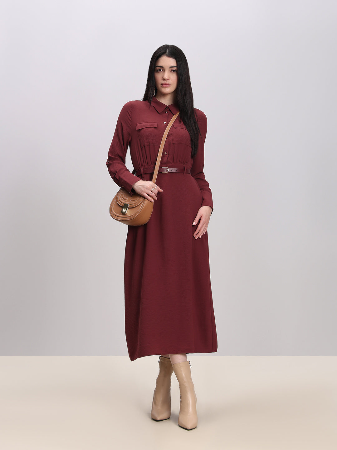 Classic Belted Midi Shirt Dress