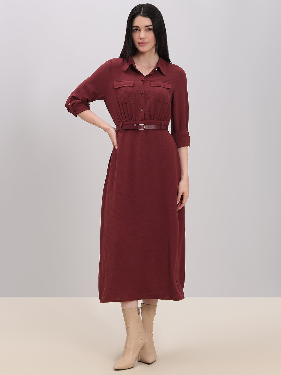 Classic Belted Midi Shirt Dress