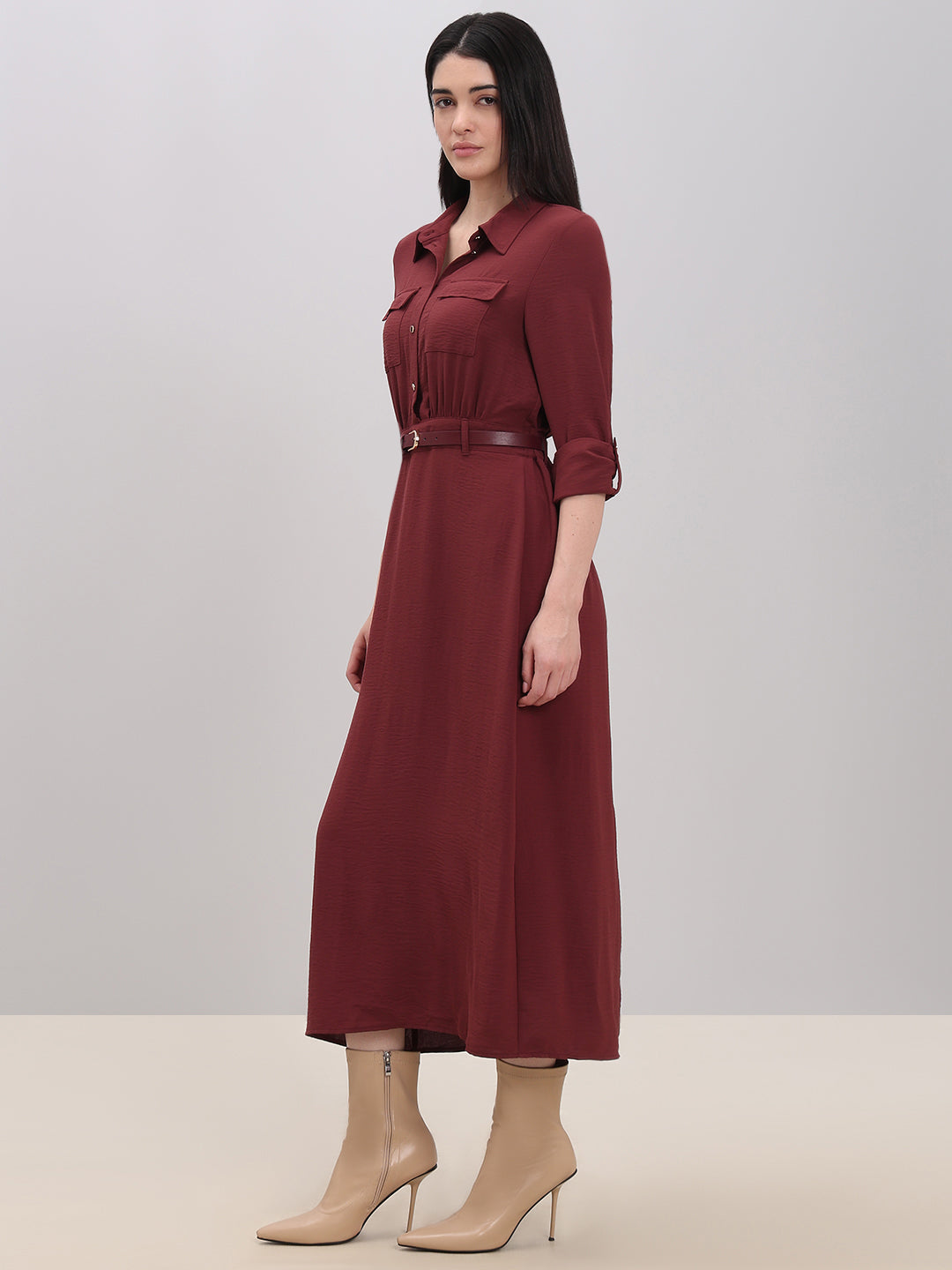 Classic Belted Midi Shirt Dress