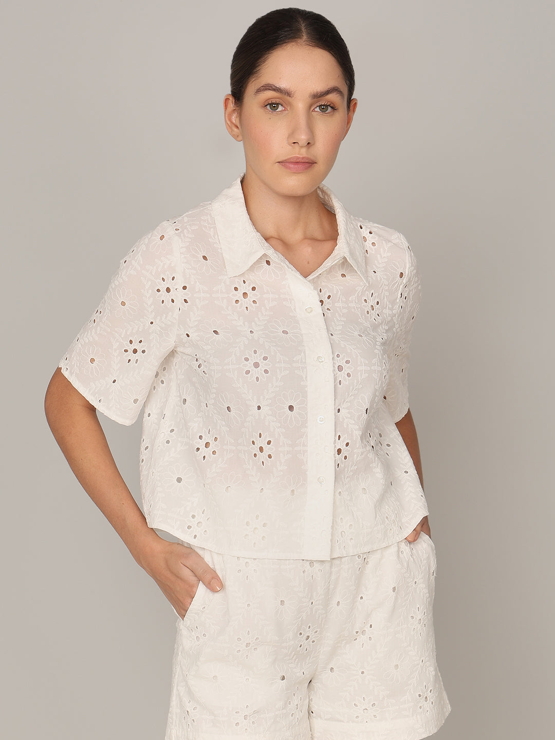 White Floral Cut-Work Shirt
