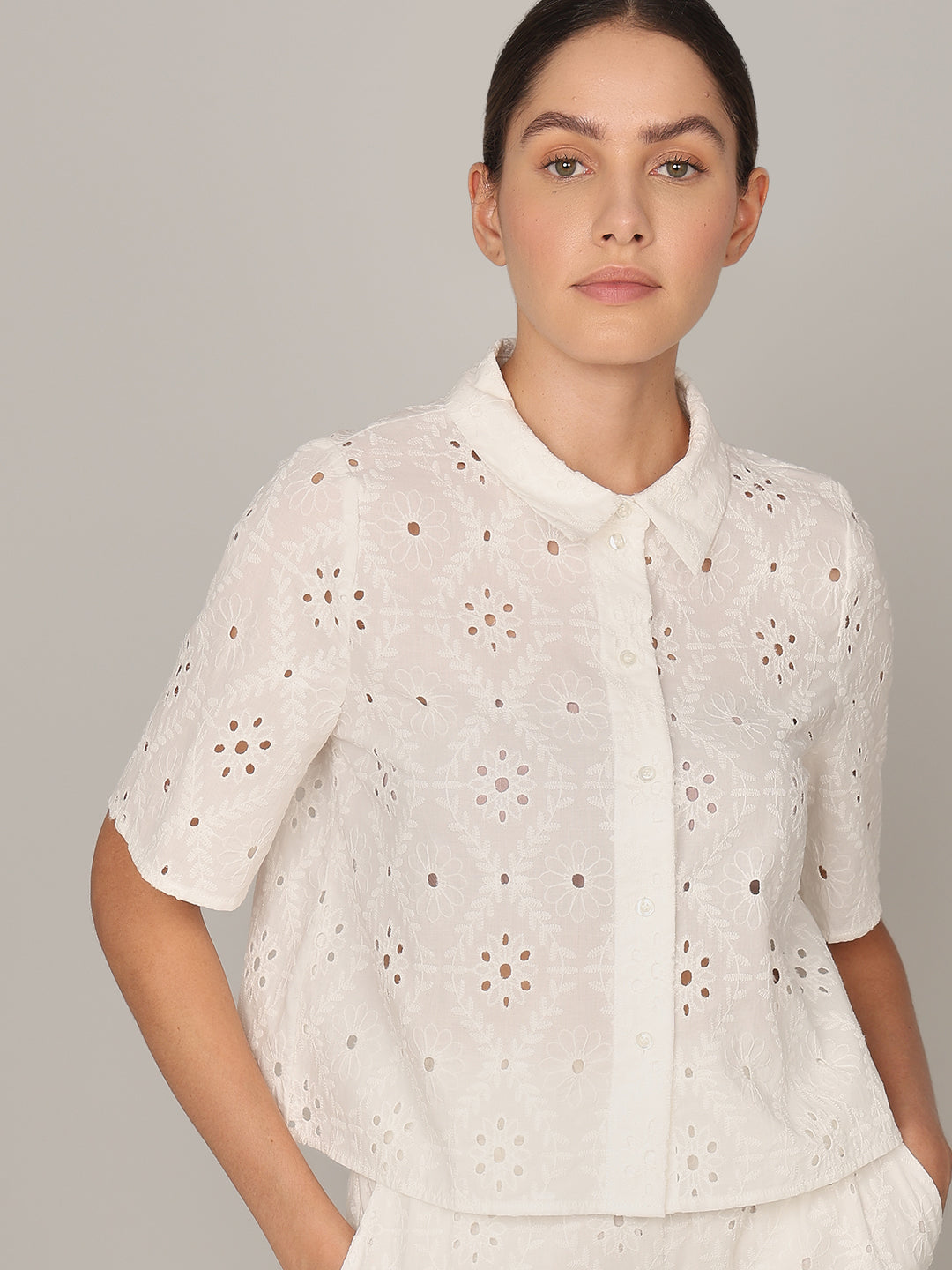 White Floral Cut-Work Shirt