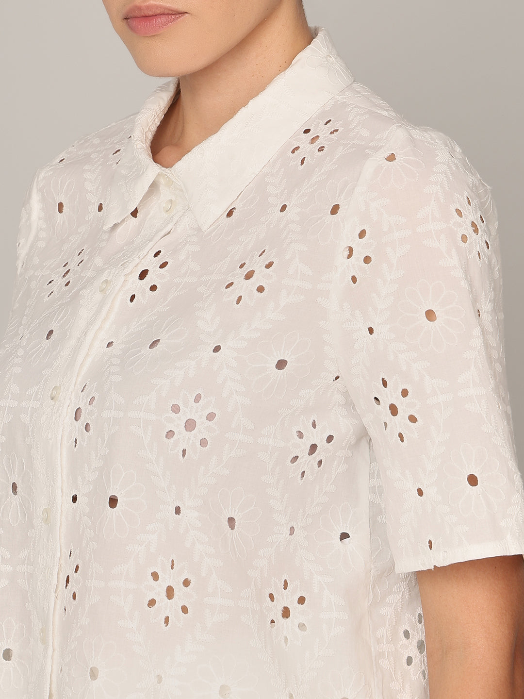 White Floral Cut-Work Shirt