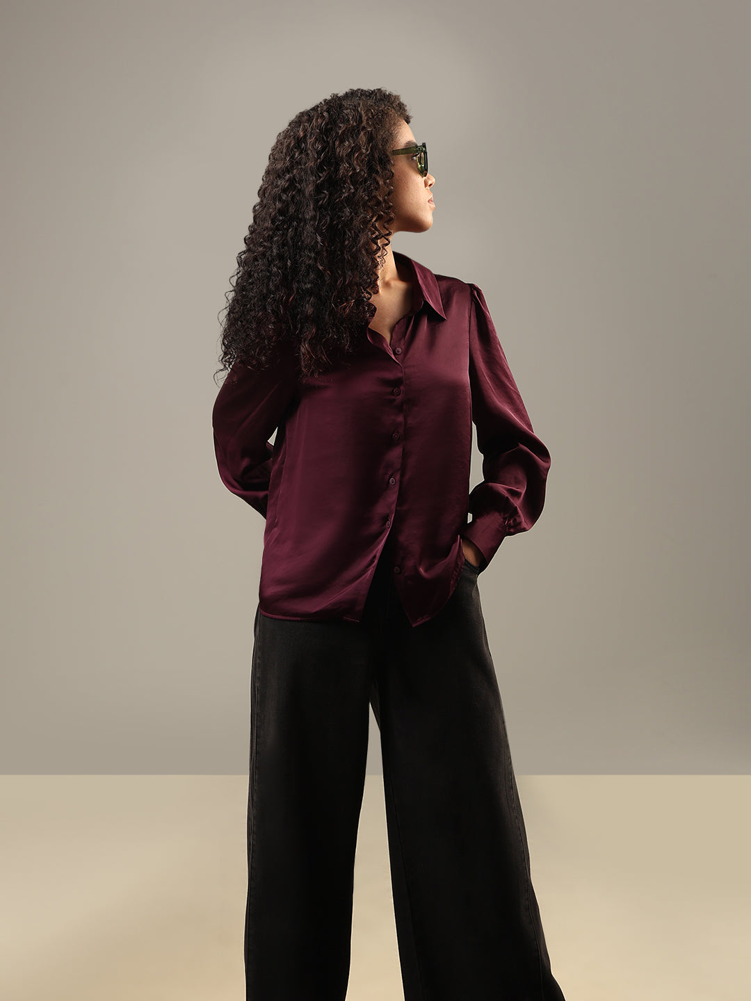 Maroon Satin Regular Fit Shirt